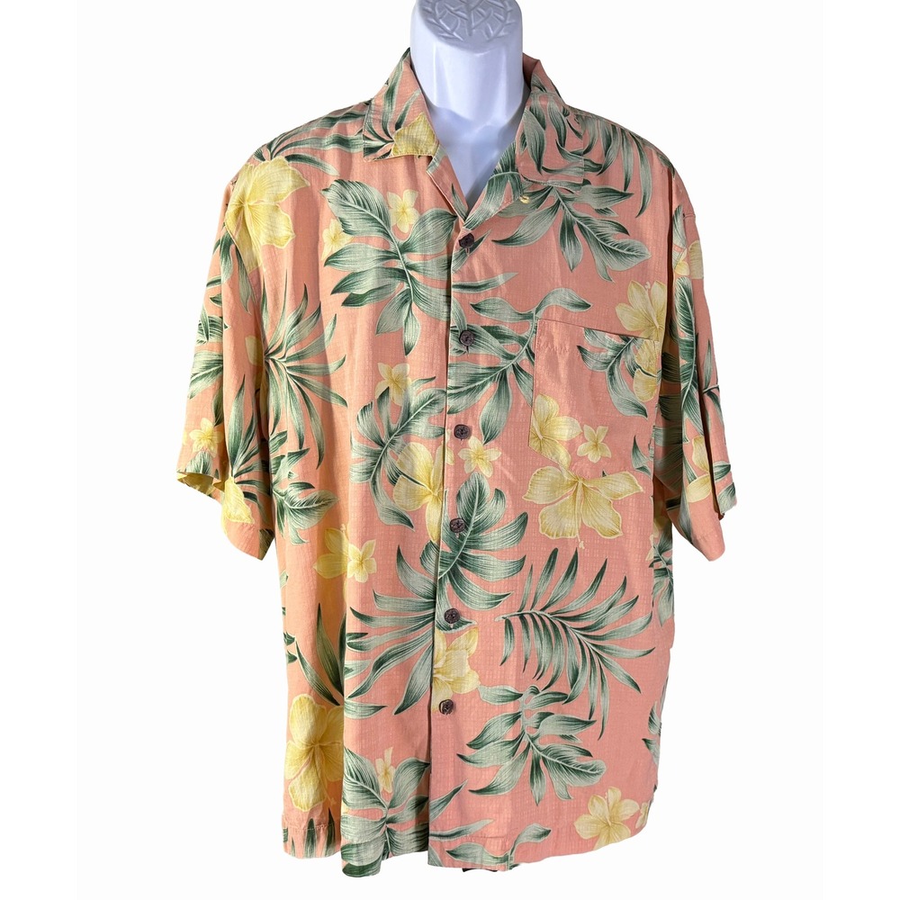 Bermuda‎ Bay Silk Shirt Mens Large Pink Excellent Tropical Floral Aloha Camp